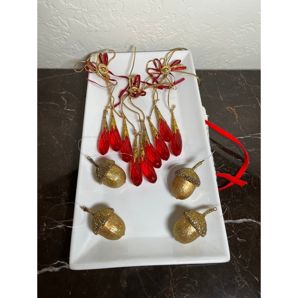Rare Find Ornaments Cranberry Tear Drop & Brass Acorns